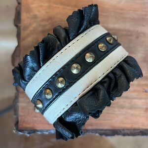 Funky Black and White Leather and Brass Cuff